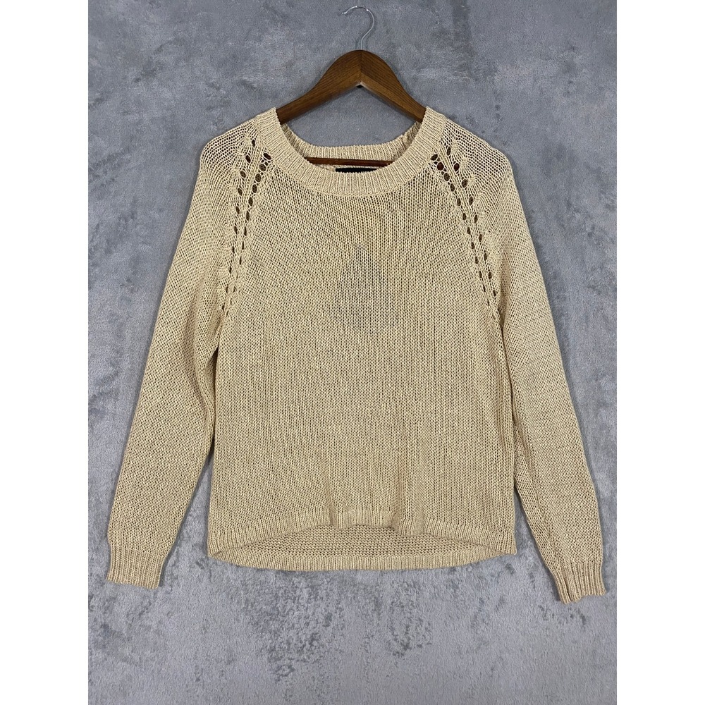 UNIQ Sweater Womens‎ Medium Tan Beige Crossover Back Open Knit Pointelle Coastal